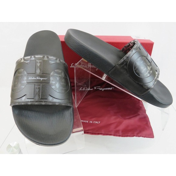 NIB FERRAGAMO GROOVE 5 TRANSPARENT BLACK RUBBER GANCINI LOGO SANDALS SLIDES 8 M main image 8